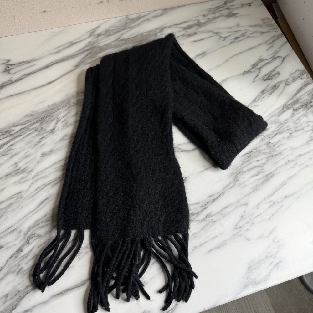 Pure Cashmere 100% Cashmere Cable Knit Black Thin Scarf Fringe Vintage 56x5.5"
